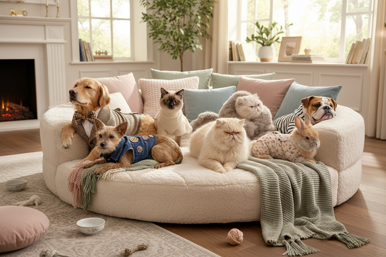 Mascotas con ropa juntas en camita